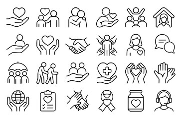 Icon pack, icon sheet, Social care theme, outline version, vector SVG, transparent PNG