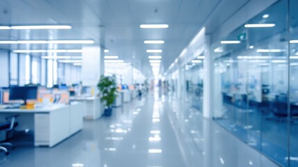 Bright and modern office corridor with glass walls and minimalistic design, promoting productivity and innovation.