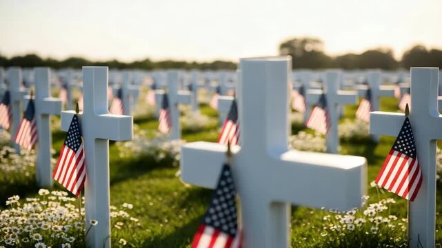 vast field of white crosses adorned with small national flags stands solemn in sunlit meadow Green grass and white flowers bloom around the markers stretching into the blurred distance