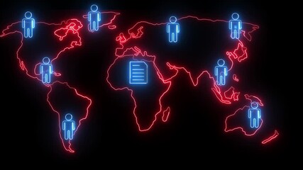 A futuristic world map displaying global network connections with glowing neon human icons and document symbols, representing international collaboration, secure data exchange - Powered by Adobe
