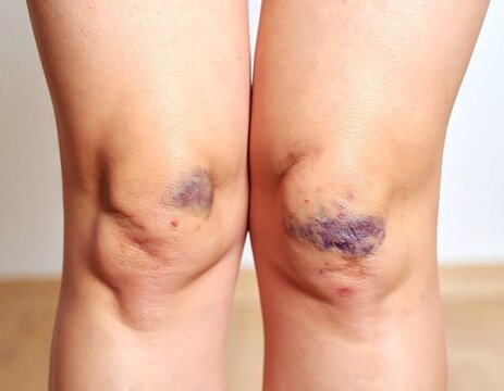 A close-up of two knees with visible bruises, showing discolored patches of purple and blue hues. The legs are positioned in front of a plain, white background