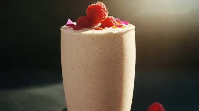 Refreshing Smoothie With Raspberries And Edible Flowers In A Glass Perfect For Summer Enjoyment And Healthy Living 4k video footage