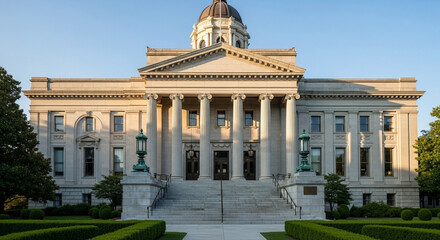 The south dakota state capitol in pierre is a beautiful building with its grand staircase, impressive columns, and dome, set against a clear blue sky, showcasing the states pride and history