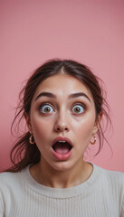 Portrait of a woman with a shocked expression, big eyes, surprise and excitement on a plain, pastel background, vertical.
