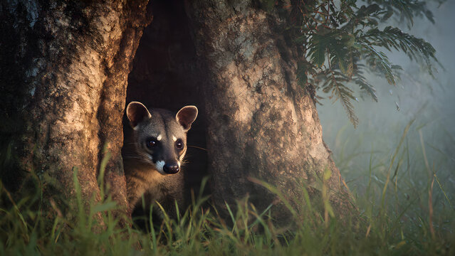 A civet hides between massive tree roots, observing the forest surroundings under golden light.