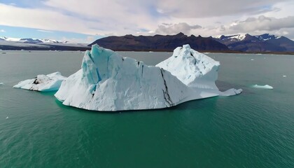A captivating vista showcases a large, icy formation afloat on turquoise water, backed by mountainous terrain and a cloudy sky