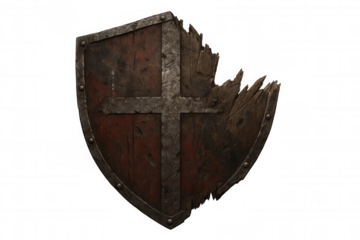 Damaged medieval crusader shield, broken wood and metal, ancient battle worn defense, transparent background