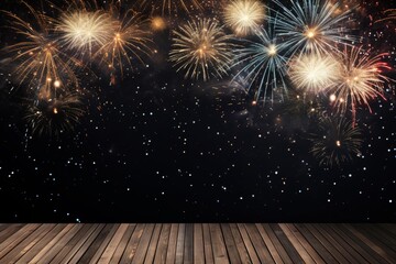 Colorful fireworks exploding in a starry night sky over a wooden floor