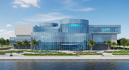 A modern glass building with a unique design, surrounded by palm trees and water, creating a serene and inviting atmosphere on a sunny day