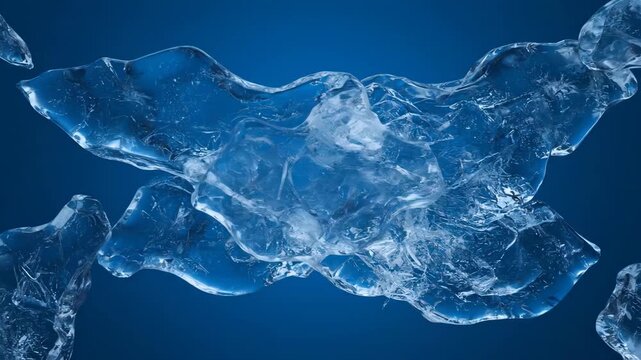 Jagged abstract ice patterns slowly drift and interlock across a deep blue backdrop in a seamless motion loop shard, movement, looping
