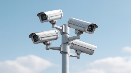 Modern surveillance system with multiple security cameras mounted on a post against a clear blue sky showcasing technology for safety and monitoring