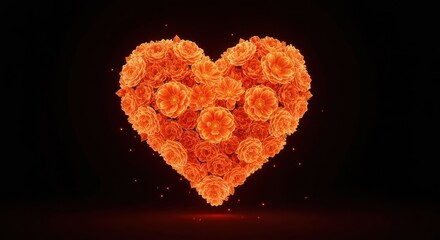 Heart shape made of orange roses floating on black background with particles