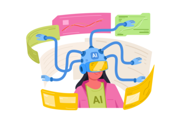 Woman with Vr Headset Surrounded by Digital Displays in a Transparent Background Displaying Data Charts and Graphs with Pixelated Illustration Style