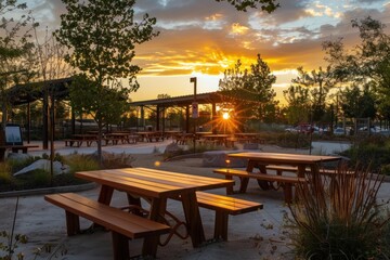 Fototapeta premium Empty picnic area with wooden tables and benches bathed in golden light of a beautiful sunset