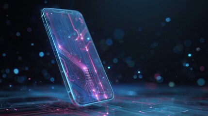 Futuristic smartphone with glowing particles, representing advanced digital technology in a virtual environment.