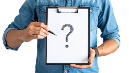 A person holding a clipboard with a question mark on a sheet of paper