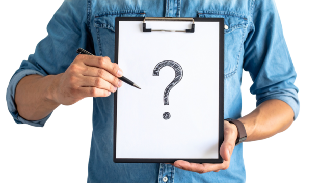 A person holding a clipboard with a question mark on a sheet of paper