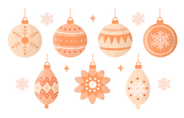 Christmas ball set. Hanging decorations, ornaments in soft pastel colors. Christmas baubles and snowflakes perfect for winter holidays, cards, posters, and festive designs.