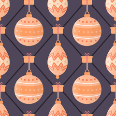 Seamless pattern with Christmas ornaments and gifts in warm pastel tones on dark background. Christmas festive and cozy pattern for textile, fabric, wrapping paper. Vector illustration.