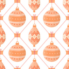Seamless pattern with Christmas ornaments and gifts in warm pastel tones on white background. Christmas festive and cozy pattern for textile, fabric, wrapping paper. Vector illustration.