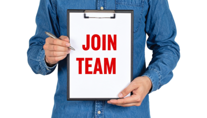 A person holding a clipboard that reads JOIN TEAM