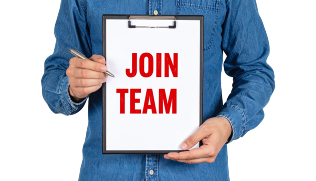 A person holding a clipboard that reads JOIN TEAM