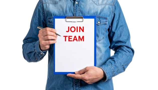 A person holding a clipboard with the words JOIN TEAM written on it