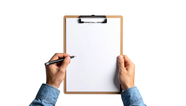 A person's hands holding a clipboard with a pen poised above a blank paper, ready to write