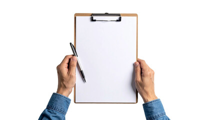 Hands holding a blank clipboard, ready for notes or a checklist, accompanied by a pen. The image is an overhead shot with the items against a plain backdrop.