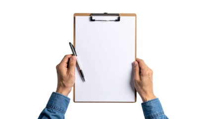 Hands holding a blank clipboard, ready for notes or a checklist, accompanied by a pen. The image is an overhead shot with the items against a plain backdrop.