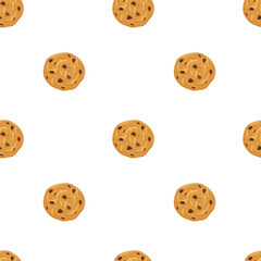 Obraz premium Chocolate chip cookies simple seamless pattern with whole cookies on white background. Vector hand drawn illustration for packaging design, wrapping paper, cafe menu, textile prints