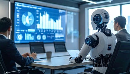 A robot in a meeting alongside colleagues and a data screen