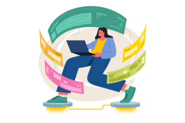 Woman Navigating Virtual Interface with Laptop on Transparent Background