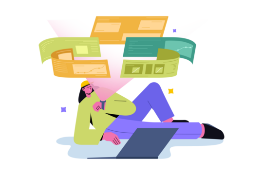 Woman Lying with Laptop Under Floating Document Sheets in Pixel Art Style on Transparent Background Wearing Yellow Helmet and Violet Pants