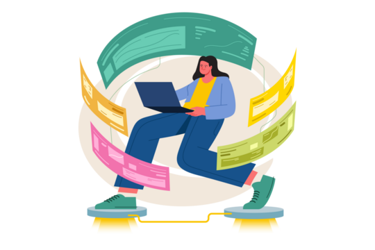 Woman Navigating Virtual Interface with Laptop on Transparent Background