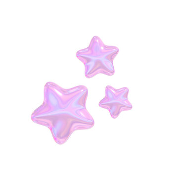 3D Iridescent pink star balloon trio floating on transparent background, dreamy shiny texture and soft reflection