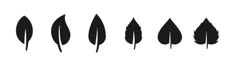 Different shapes and sizes of black leaves arranged in a simple pattern suitable for nature related designs. Illustration showing different black leaves with white veins, vector illustration.