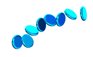 3D Blue tokens in motion arranged diagonally with glossy plastic texture and dynamic reflection, energetic composition evokes movement and playfulness