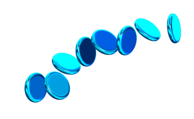 3D Blue tokens in motion arranged diagonally with glossy plastic texture and dynamic reflection, energetic composition evokes movement and playfulness