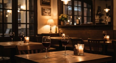 Intimate restaurant with wine glasses and candles on wooden tables