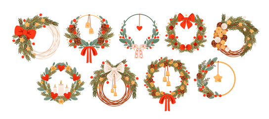 Christmas wreaths with holly, pine branches, and festive ornaments. Handmade holiday wreath. Elegant evergreen and classic Christmas decorations. Vintage seasonal set. © vik.stock