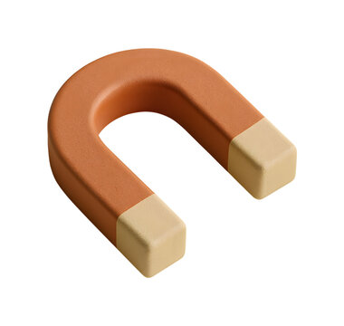 A simple brown horseshoe magnet with cream colored poles is shown isolated on a black background