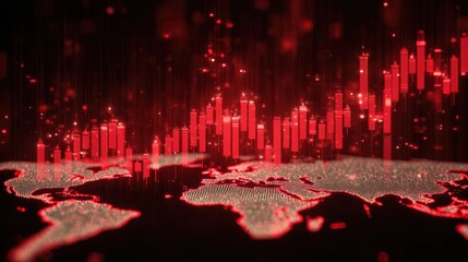 Visual representation of global market trends with red charts, highlighting financial data and analytics.