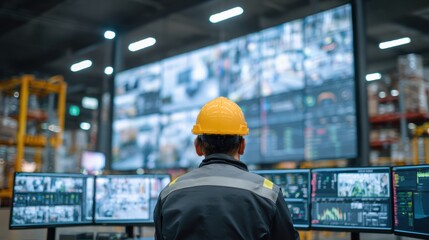 Worker monitoring operations on multiple screens in a large warehouse environment with advanced technology.
