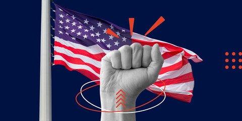 Fist raised in front of US flag on dark background. Concept of power, freedom, protest, and...