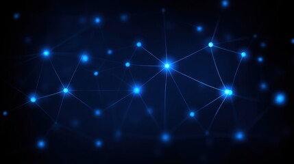 Abstract blue background with glowing lines and dots representing networks, technology, and digital connections in a dark atmosphere