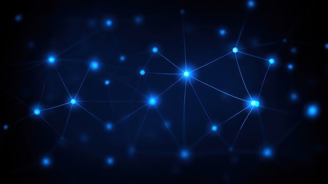 Abstract blue background with glowing lines and dots representing networks, technology, and digital connections in a dark atmosphere