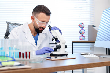 Research in genetics. Scientist working with microscope at table in laboratory