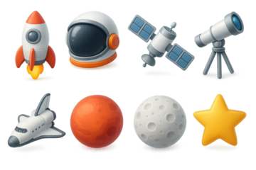 Space exploration icons: rocket, astronaut helmet, telescope, planets, star, satellite, spacecraft