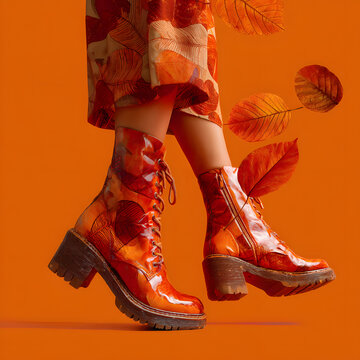 Fashionable modern concept of women&rsquo;s footwear, autumn boots in orange color with a leaf print. Fall season. Minimal concept. 